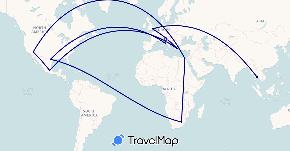 TravelMap itinerary: driving in Egypt, United Kingdom, Greece, Italy, Lesotho, Mexico, Thailand, United States (Africa, Asia, Europe, North America)